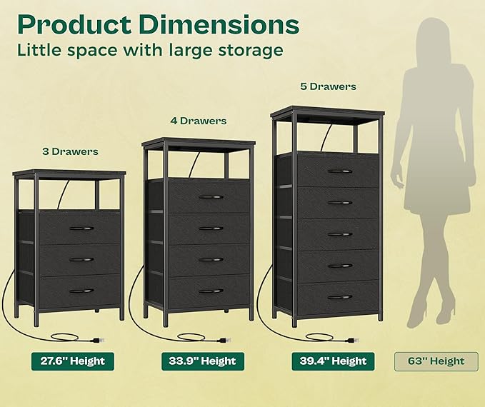 Huuger Night Stand with Charging Station, 4 Drawer Dresser for Bedroom, Bedside Table, 33.9 Inch Tall Nightstand with Open Shelf, End Table, for Closet, Entryway, Bedroom, Black