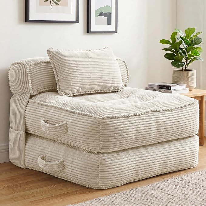 Folding Sofa Bed, Convertible Sleeper Chair with Pillow Foldable Mattress with Back Support, Portable Fold Out Chair Bed Comfy Floor Couch Lounge for Living Room Bedroom Apartment Single