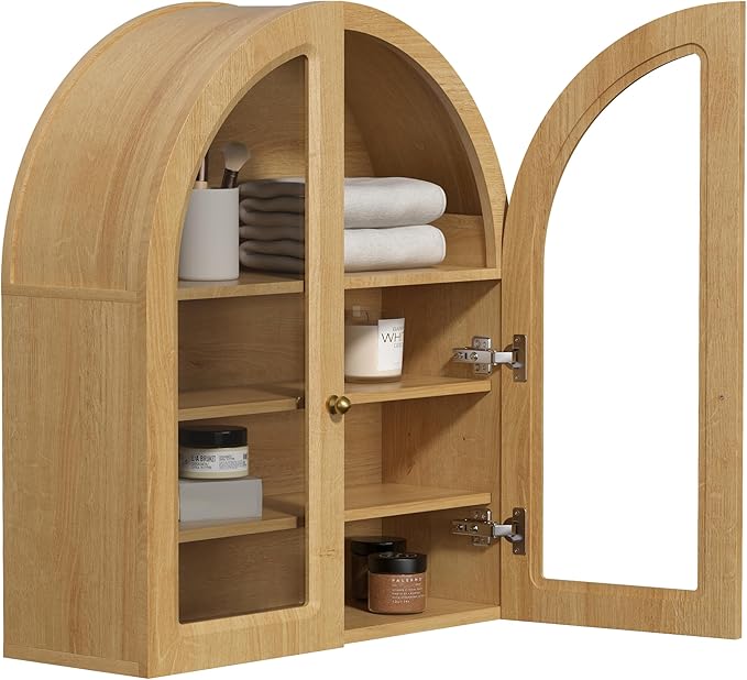 EYYTHUNG Arched Wall Cabinet, Large Bathroom Medicine Wall Mounted Cupboard, Farmhouse Floating Storage Cabinet with Acrylic Door Adjustable Shelf, Wood Organizer (Natural Oak)