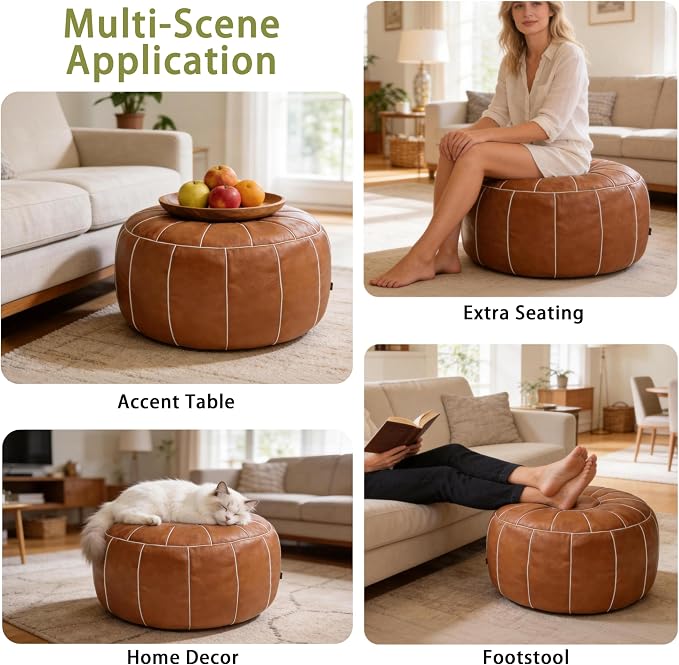 Thgonwid Unstuffed Moroccan Storage Pouf Foot Stool Ottoman Seat, No Filler Included, Handmade Faux Leather Bean Bag Floor Chair Foot Rest for Living Room, Bedroom or Balcony, Brown