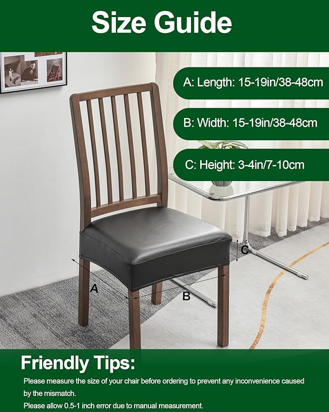 CRFATOP Waterproof 4pcs PU Dining Chairs Seat Covers with Soft Bench Chair Cover Stretch Kitchen Chair Slipcover Washable Seat Cushion Slipcover Protector for Hotel Ceremony Banquet Wedding,Black