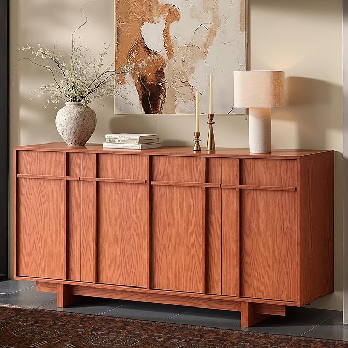 Sideboard Buffet Cabinet with Storage, Mid Century Modern Accent Cabinet with Skeleton Line & Wood Grain Texture, 63" Minimalist Credenza for Living Room Kitchen Dining Room Entryway, Walnut
