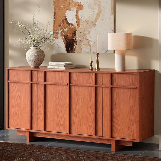 Sideboard Buffet Cabinet with Storage, Mid Century Modern Accent Cabinet with Skeleton Line & Wood Grain Texture, 63" Minimalist Credenza for Living Room Kitchen Dining Room Entryway, Walnut
