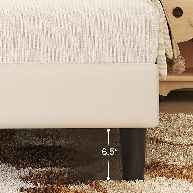 Fluest Twin Bed Frame, Platform Bed Frame with Velvet Upholstered Headboard, No Box Spring Needed, Sturdy Metal Support, Noise Free, Easy Assembly, Modern Bedroom Furniture, Beige