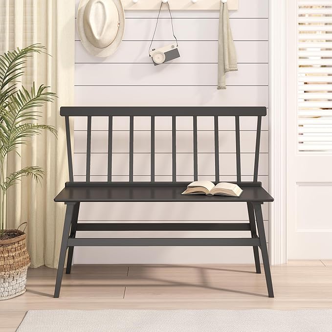 Bamboo Dining Bench, Entryway Bench with Spindle Back Farmhouse Wood Windsor for Foyer Balcony Living Room (Black)