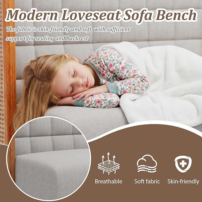 Andeworld Loveseat Settee Bench with Rattan Arms, Upholstered Modern Mini High-Back Sofa Couch,Banquette Dining Bench for Living Dining Room Bedroom Office Small Space Entryway，Grey