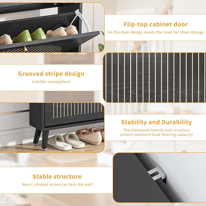 Fsbecl Shoe Storage Cabinet for Entryway with 2 Flip Drawers, Narrow Wood Shoe Cabinet with Fluted Panel, Freestanding Hidden Shoe Organizer for Foyer, Hallway (Black - No Shelf)