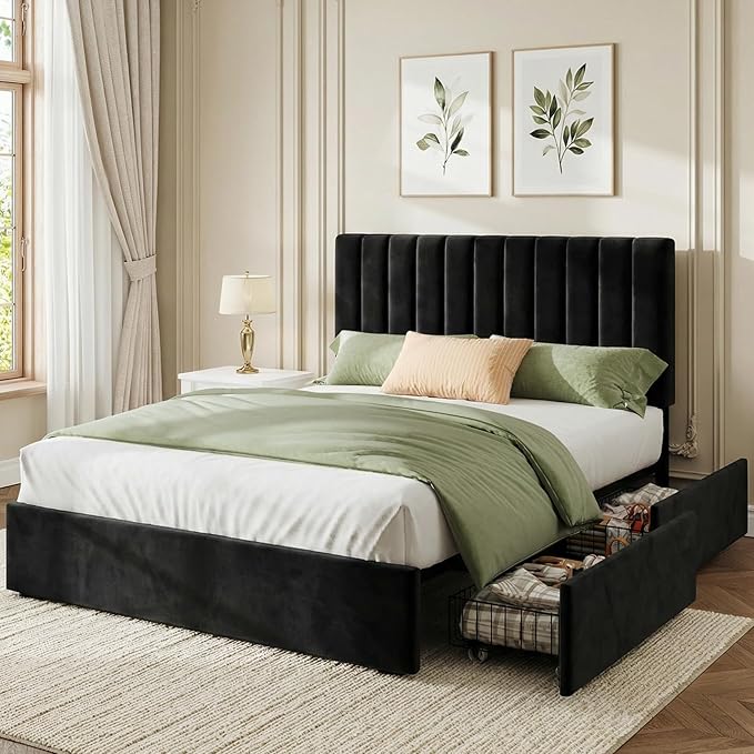 Welzona Velvet Bed Frame Queen Size with 4 Storage Drawer, Fully Upholstered Metal Platform Bed Frame with Vertical Channel Tufted Headboard, 3 Level Height, Easy Assembly, No Box Spring Needed, Black