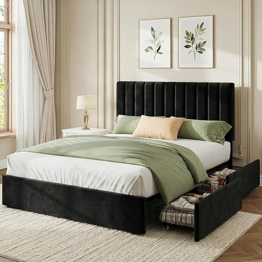 Welzona Velvet Bed Frame Queen Size with 4 Storage Drawer, Fully Upholstered Metal Platform Bed Frame with Vertical Channel Tufted Headboard, 3 Level Height, Easy Assembly, No Box Spring Needed, Black