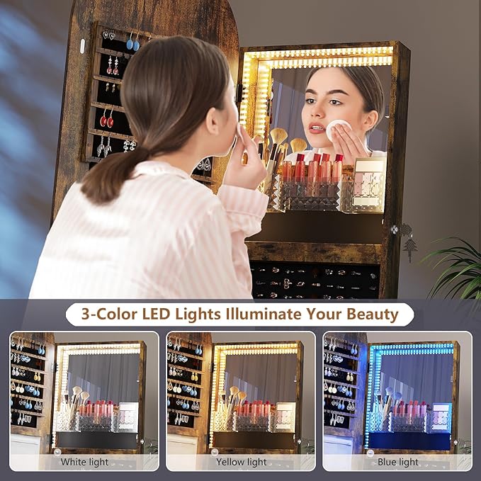HWB LED Mirror Jewelry Cabinet, 360° Swivel Jewelry Organizer Standing, Arched Wide Full-Length Mirror with Storage Shelves, Interior Mirror, Wood Jewelry Armoire for Lady Girls, Brown