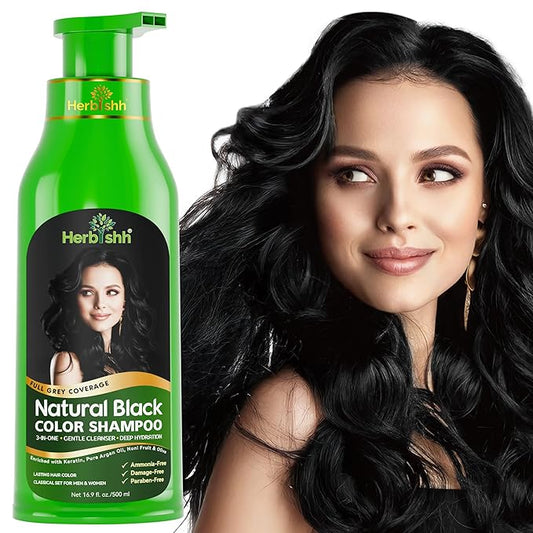ハービッシュ 白髪用ヘアカラーシャンプー – 自然な染料シャンプー – 数分で染まる – 3～4週間持続 – 500ML – 3-in-1ヘアカラー – 染める、洗浄する、コンディショニングする（ブラック）