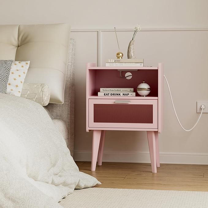 MMEOLUOOK Nightstand with Charging Station, Bedside Tables Pink End Table Side Table with 2 Tiers Storage Space, for Bedroom Living Room MLBZ07PE