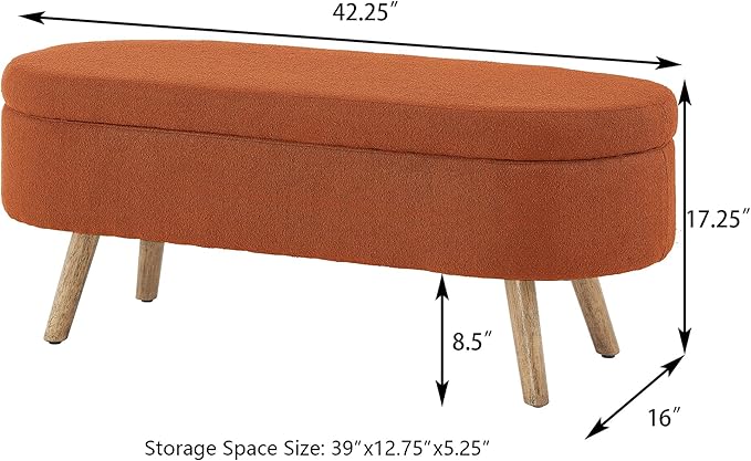 42.25" Ottoman with Storage, Storage Ottoman Bench with Safety Hinge, Foam End of Bed Bench, Upholstered Entryway Bench for Bedroom, Living Room & Window, Holds up to 330 lb, Orange
