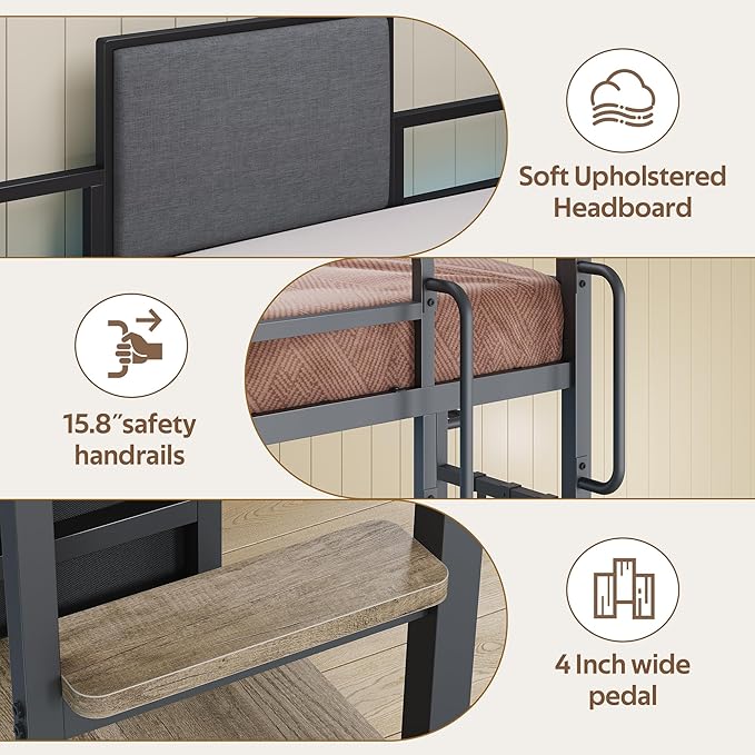 BYSAUD Loft Bed Twin Size, Loft Bed with Desk and 6 Storage Drawers, Twin Loft Beds with Charging Station and 4 Storage Shelves, Bunk Bed with Safety Guard & Ladder, No Box Spring Needed, Oak Gray