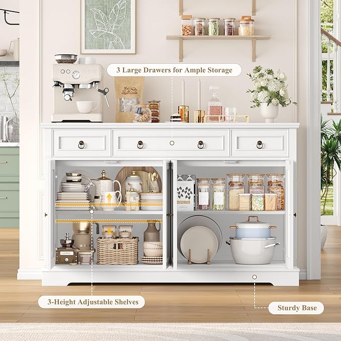 FINETONES Buffet Cabinet with Storage, 52.7" Large Sideboard Buffet Cabinet, White Kitchen Cabinet with 3 Drawers and 4 Doors, Wood Coffee Bar for Kitchen Dining Room, White