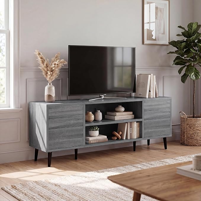 JUMMICO Mid-Century Modern TV Stand for 43-55 Inch TVs, 50 Inch Media Console with Storage, Entertainment Center with Push-Open Cabinets and Cable Management for Living Room (Grey, 50 Inches)