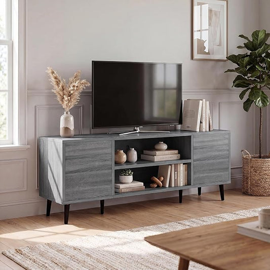 JUMMICO Mid-Century Modern TV Stand for 43-55 Inch TVs, 50 Inch Media Console with Storage, Entertainment Center with Push-Open Cabinets and Cable Management for Living Room (Grey, 50 Inches)