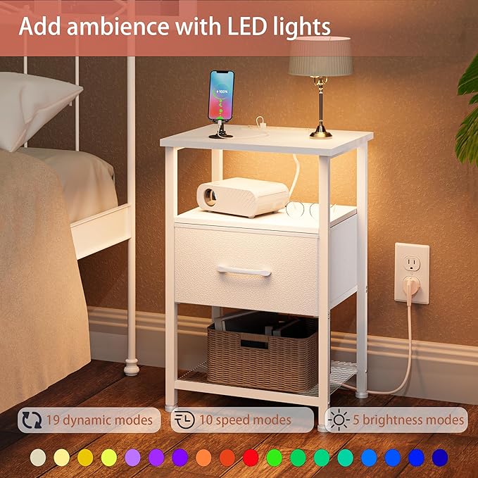 LAKEMID Nightstands Set of 2 with Charging Station and Drawer, End Table Bedside Table with 20 Colors LED Light Strip and 2 Layers Shelf for Bedroom Living Room Sofa Couch (White)