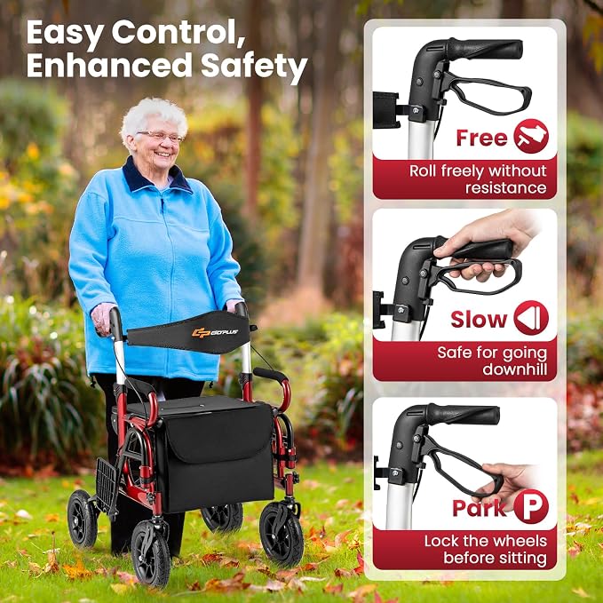 Goplus Walkers for Seniors with Seat, 2 in 1 Folding Rolling Rollator Walker & Wheelchair Combo with Brakes, 9" Pneumatic Tires for All Terrain, Aluminum Adult Mobility Walking Aid