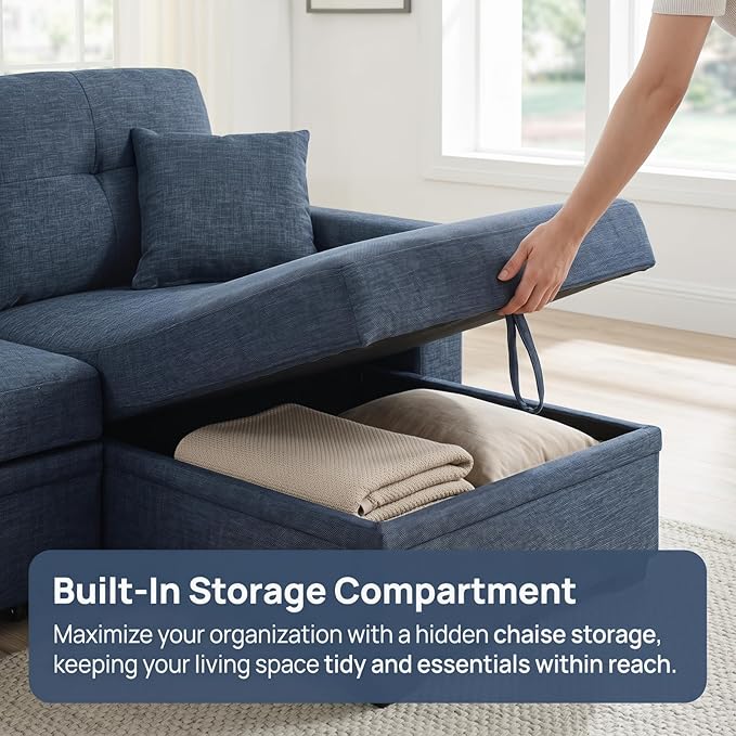 Convertible Sofa Bed, L Shape Sleeper Sofa with Reversible Storage Chaise, Tufted Fabric Sectional Sleeper Sofa with Pull Out Bed for Small Space, Living Room, Apartment, Dark Blue