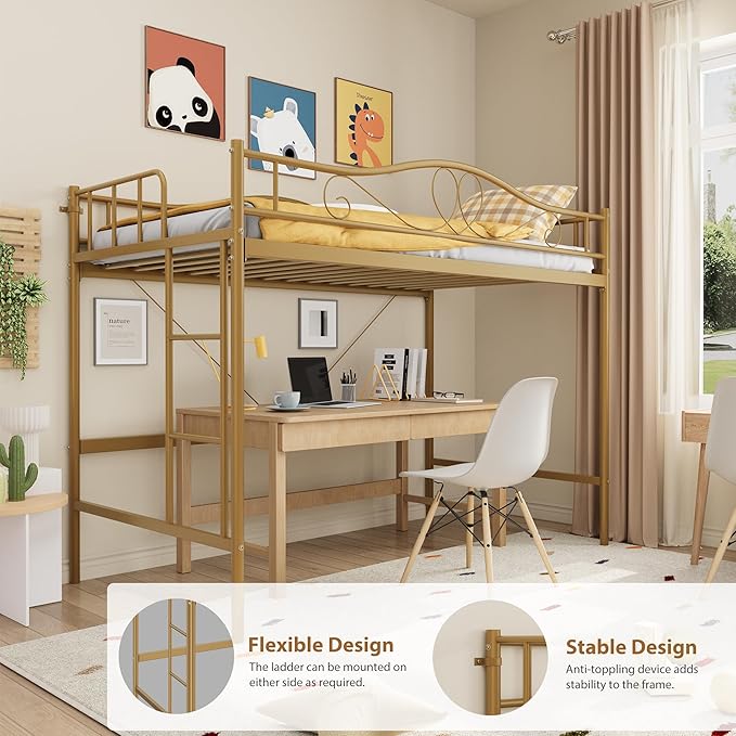 IDEALHOUSE Loft Bed Twin Size with Ladder & Full Safety Guardrail, Heavy Duty Metal Twin Loft Bed 400 Lbs Load Capacity, Space-Saving, Noise Free, No Box Spring Needed, Easy Assembly, Gold