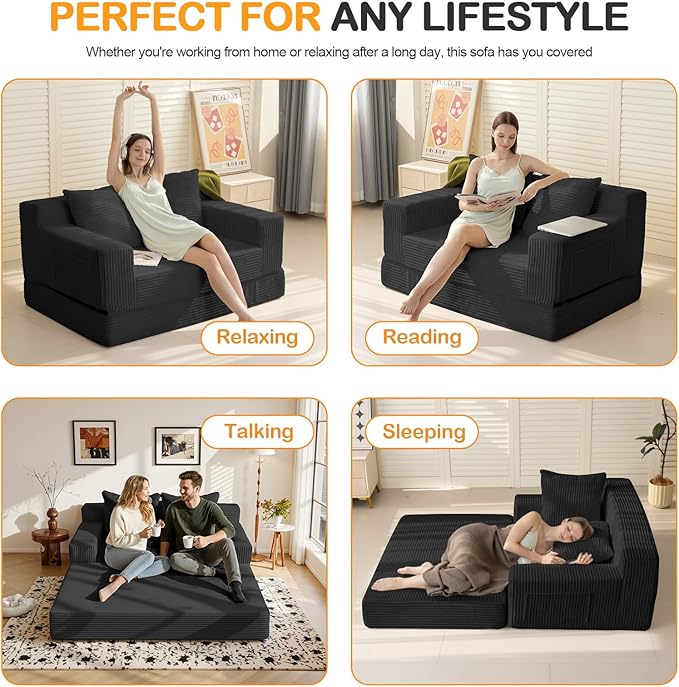 Erament Loveseat Boneless Convertible Sofa Bed, Folding Floor Futon Sleeper Sofa Couch Bed- Boneless Foldable Couch, Corduroy Pull Out Sofa Bed with 2 Pillows for Living Room & Bedroom