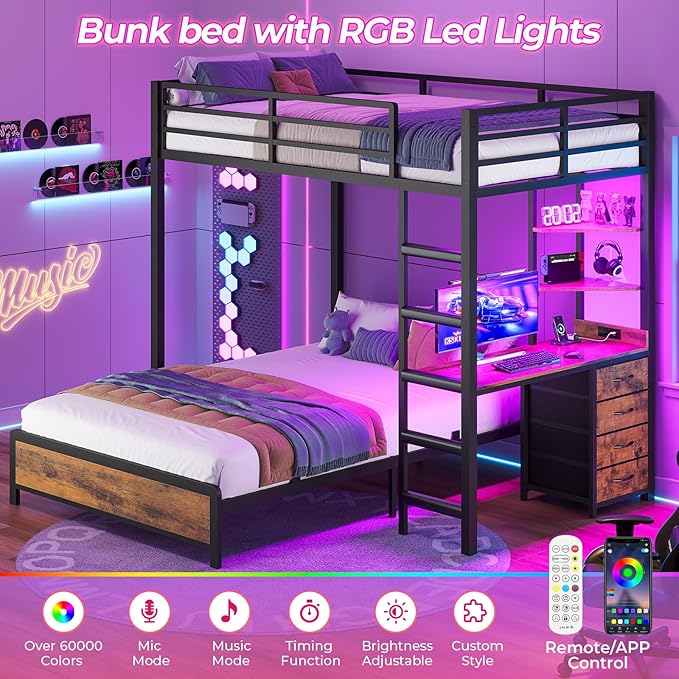 ADORNEVE Twin Over Full Bunk Bed with Desk, Bunk Beds Twin Over Full Size with Charging Station & Led Lights, Storage Drawers & Shelves, Loft Bed with Safety Guardrail & Ladder for Kids/Teens, Black