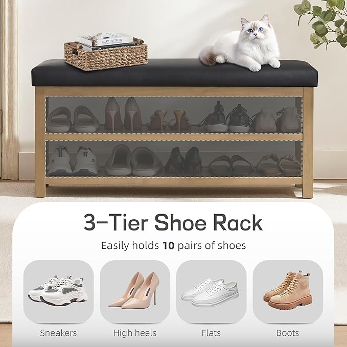Zihanhome Shoe Rack Bench with Leather Cushion, 2 Tier Solid Wood Storage Bench, Mid-Century Modern Shoe Bench for Entryway, Hallway, Closet, Front Door Entrance, Foyer (Black, 46.5)