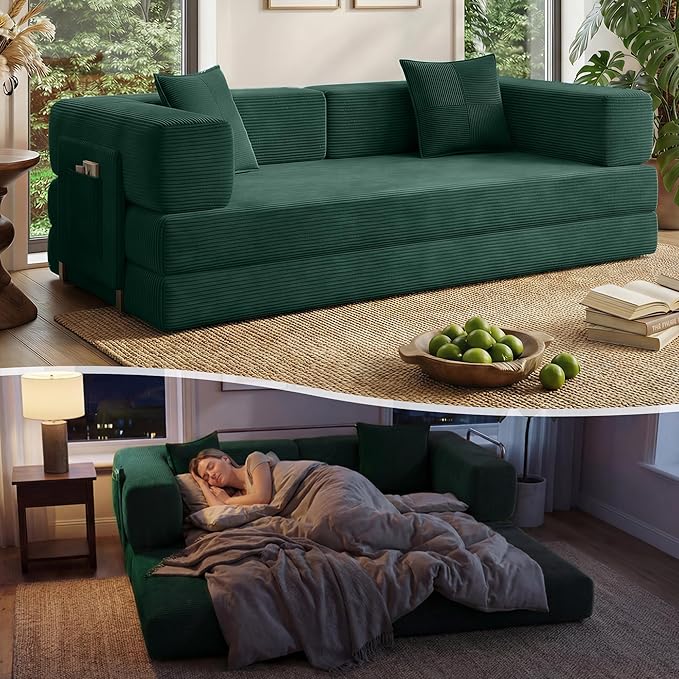 78.8" Convertible Sofa Bed with Armrest Pillow, 4-in-1 Sleeper Couch Bed for Livingroom, Modular Corduroy Boneless couches, No Assembly (Emerald Green)