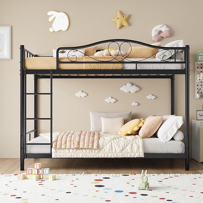 IDEALHOUSE Bunk Bed Twin Over Twin with Ladder & Full Safety Guardrail, Heavy Duty Metal Twin Over Twin Bunk Bed 400 Lbs Load Capacity, Space-Saving, Noise Free, No Box Spring Needed, Easy Assembly, B
