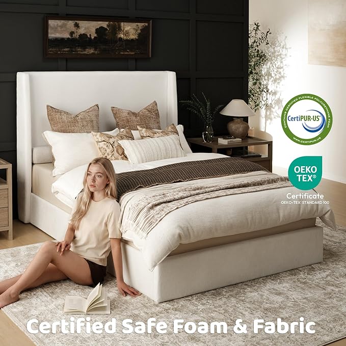 RECCI King Size Bed Frame with 53" Extra Tall Wingback Headboard, Luxury Upholstered Platform Bed Frame, Heavy Duty Support, Noise-Free, Easy Assembly, No Box Spring Needed, Ivory White Canvas