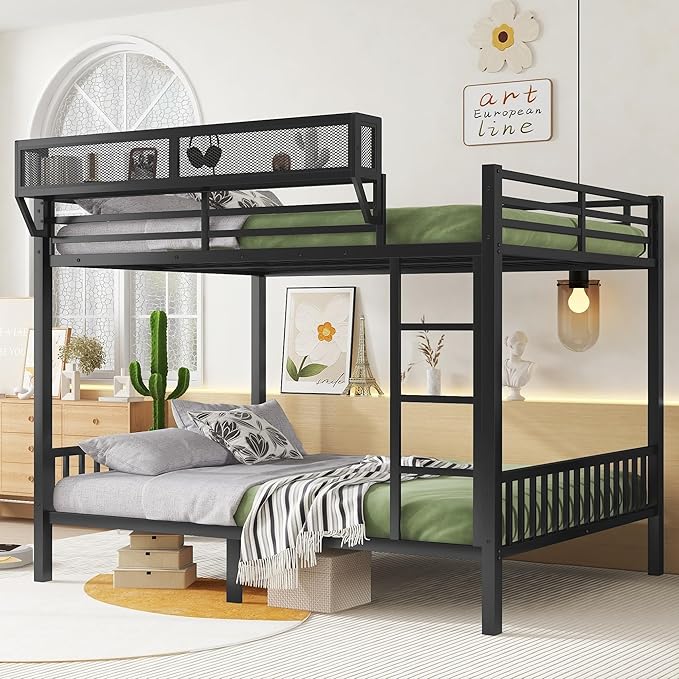KEIKI Queen Over Queen Size Metal Bunk Bed Frame with Ladder and Built-in Storage Shelves, for Teens, Bunk Bed with Solid Slats, Guardrail, No Box Spring Required, Easy Assembly, for Bedroom, Black