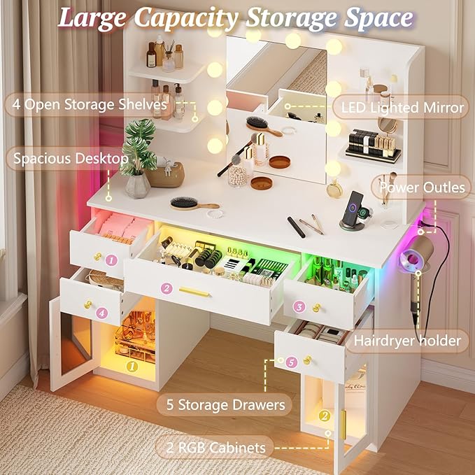 Vanity Desk with Mirror and Lights, Charging Station, Makeup Vanity with 5 Drawers & 4 Open Storage Shelves, White Vanity Table with RGB Cabinets & Hairdryer Holder, Large Dressing Table for Women