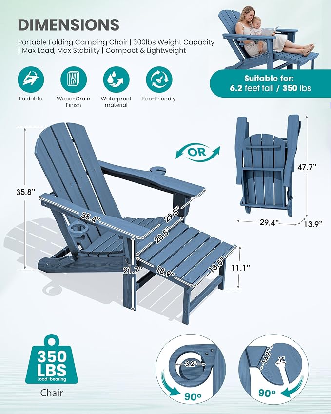 SERWALL Folding Adjustable Adirondack Chairs with Footrest Set of 4, HDPE Outdoor Chair with Dual Cup Holders, All Weather Adirondack Chair with Ottoman, Blue