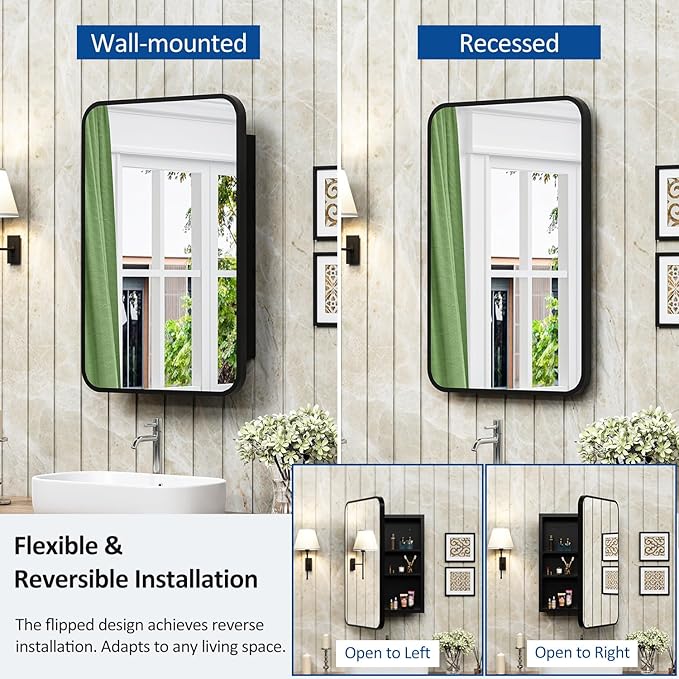 ACEMIRO 16x24 Inch Black Mirror Medicine Cabinet Metal Framed Recessed Wall Mounted Bathroom Medicine Cabinet with Mirror and Storage