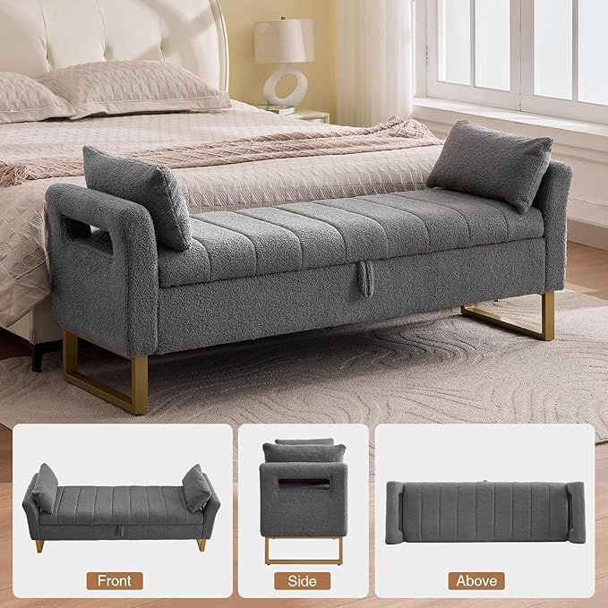 Storage Bench for Bedroom End of Bed King Size, 66'' Bedroom Benches for Foot of Bed King, Grey Teddy End of Storage Bench with Gold Legs & 2 Pillows for Entryway, Windows, Closet