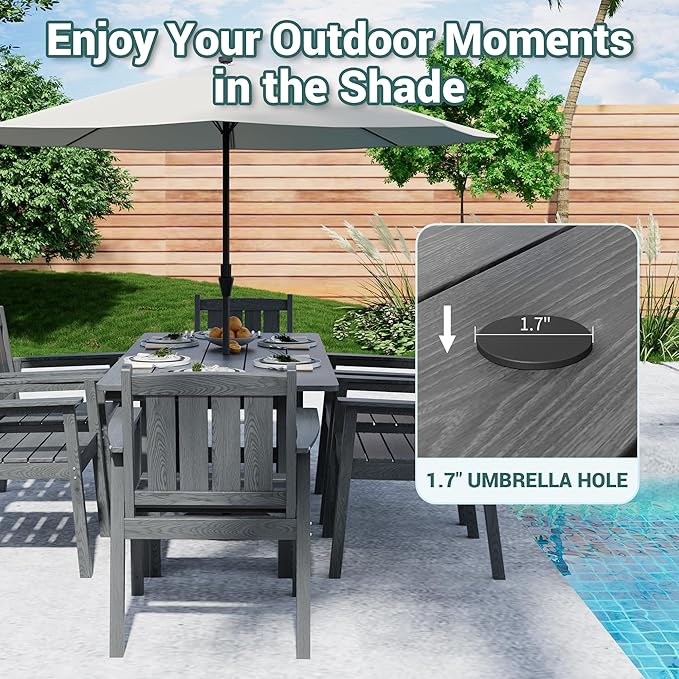 Pamapic 7 PCS Outdoor Dining Set, Spacious HDPE Outdoor Table and Chairs, Wood Grain Patio Furniture Sets with Elegant Armrest, All-Weather Outdoor Furniture with Umbrella Hole, Gray