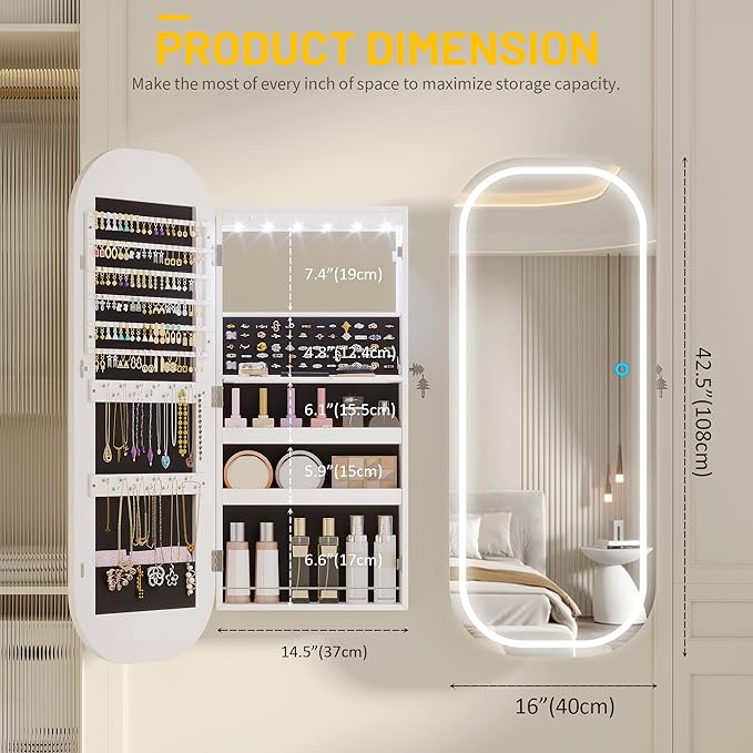 LVSOMT LED Lights Mirror Jewelry Cabinet, Wall Mount/Over the Door Jewelry Armoire Organizer, 42" Full Length Mirror with Storage, Built-in Makeup Mirror, Lockable Mirror Cabinet for Jewelry, White
