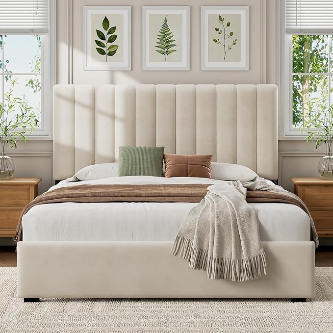 Welzona Full Upholstered Bed Frame with Headboard, Velvet Upholstered Metal Platform Bed with Vertical Channel Tufted Headboard, 3-Level Height, Metal Slat Support, Noise-Free Easy Assembly, White