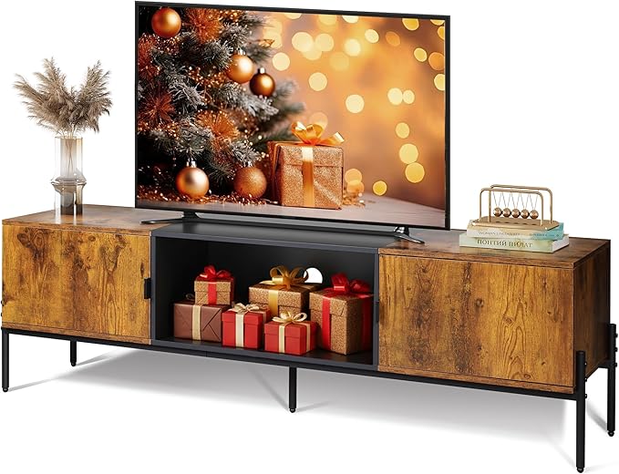 WLIVE 58" TV Stand for 65 Inch TVs, Mid Century Modern Entertainment Center with 2 Storage Cabinets & Open Shelf, Media Console Table with Metal Legs for Living Room, Bedroom, Rustic Brown