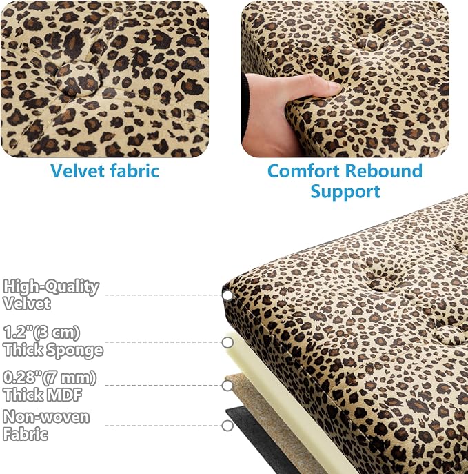 AmasSmile Storage Ottoman Folding Foot Rest Stool with Side Pocket, 17 inch Velvet Footstool Bench, Short Ottoman Bench, Storage Foot Rest Store, Blanket Chest, Leopard Print