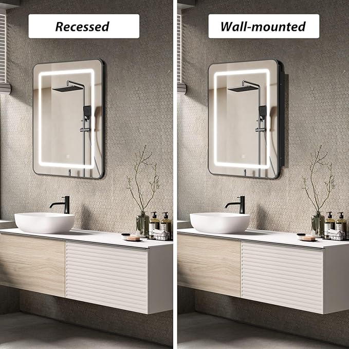 APRILSOUL 16x24 Inch Lighted Bathroom Medicine Cabinet with Mirror, Black Recessed or Surface Mount Medicine Cabinet Mirror with Storage and LED Lights, 3 Colors Temperature, Dimmable Light