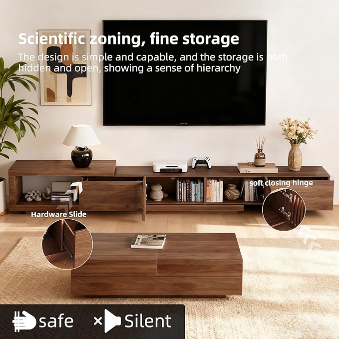 78.5"-105" Mid-Century Modern Extendable TV Stand, Walnut Media Console with 2 Drawers and 2 Cabinets, Fits TVs up to 100 Inches for Living Room or Bedroom