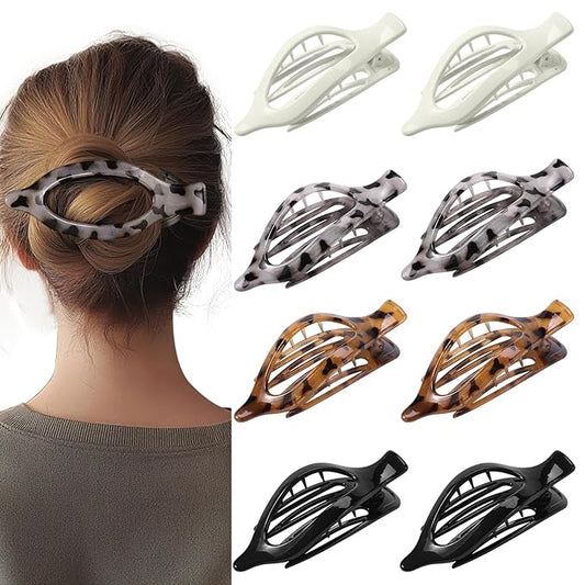 8個入りフラットべっ甲ヘアクリップ – フレンチスタイルマットバレッタ 女性用、厚い髪または細い髪用 強力ホールド 滑り止めヘアアクセサリー、シックなニュートラルヒョウ柄