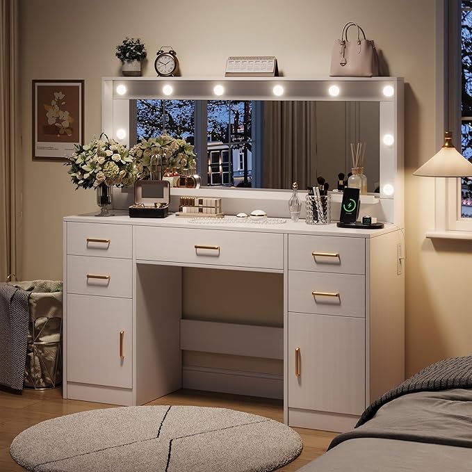 TOKSOM Large Vanity Desk with Lighted Mirror & Power Outlet, White Makeup Vanity Desk with Mirror and Lights, White Vanity Table with 5 Drawers and 2 Cabinets, Dressing Table for Bedroom 44.8 inch