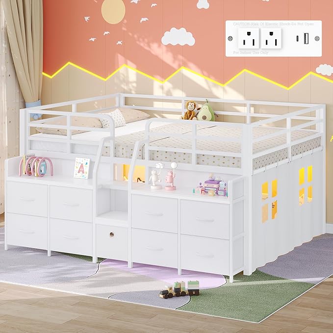 Dnxao Low Loft Bed Full Size with 9 Storage Drawers, Metal Kids Full Size Loft Bed Frame with Bookcase LED Lights & Charging Station, Space-Saving Under-Bed Secret Play Fort Bedframe, White