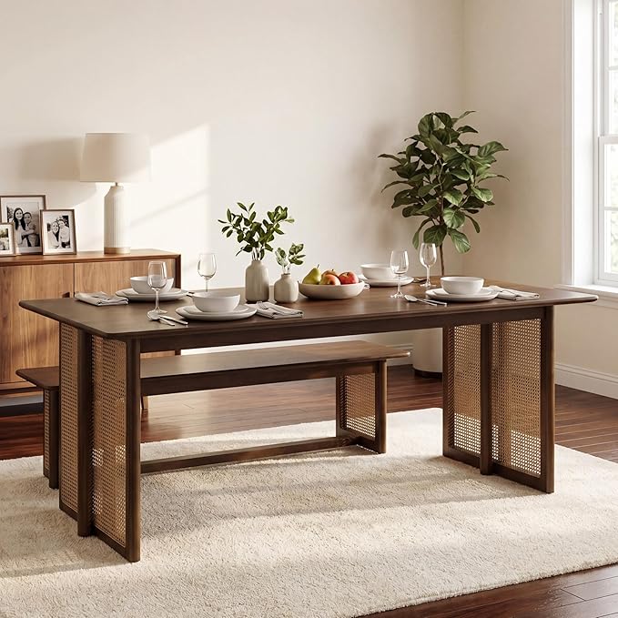 Merax Rustic Wooden Rectangular Kitchen Table with Rattan Accents Legs, Farmhouse 70.87''L Dinning Table for Living Room, Kitchen, Dining Room,800 lbs Capacity, Walnut