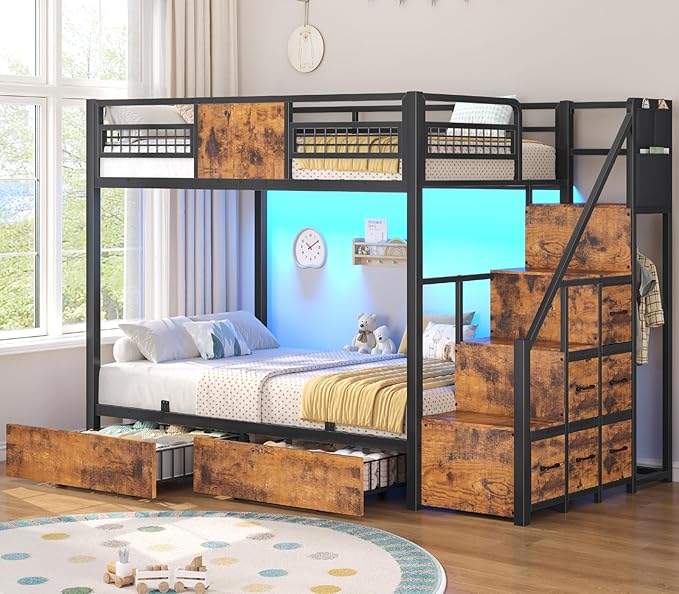 BTHFST Bunk Bed Twin Over Twin with Stairs, LED Lights Twin Bunk Bed with 2 Storage Drawers & 6 Fabric Drawers, Metal Twin Loft Beds with Guardrail & Stairs, Space Saving, Sturdy Frame