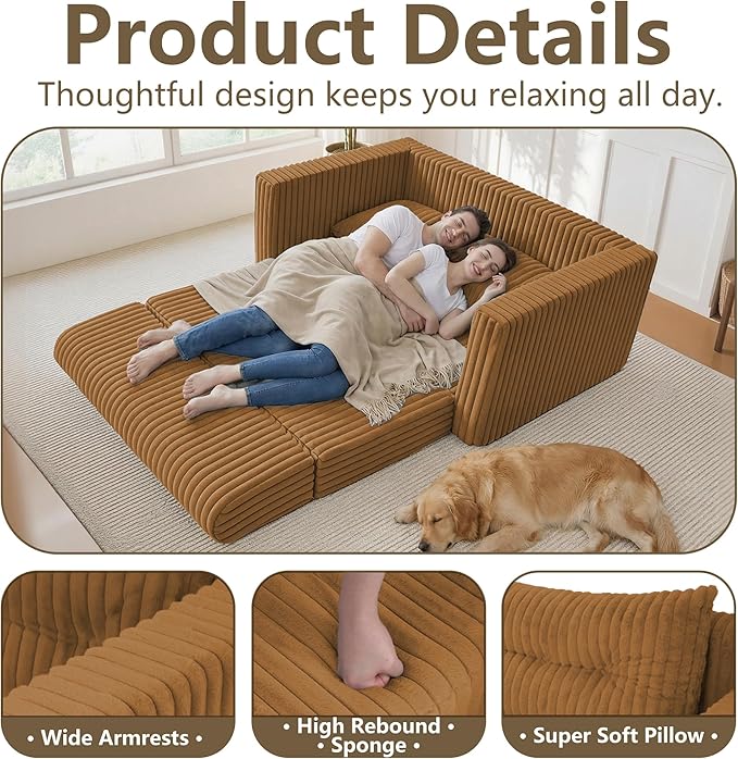 HABUTWAY 49.8" Loveseat Boneless Couch, 4-in-1 Convertible Sofa Bed, Plush Fur Folding Futon Sofa Bed Couches with a Pillow for Living Room, High-Density Foam Support, No Assembly Required, Orange