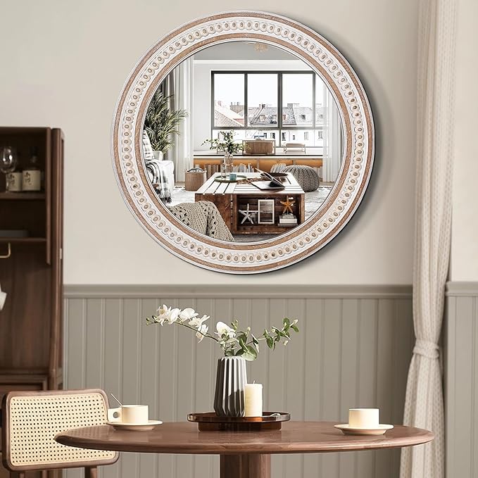 24 Inch Rustic Farmhouse Round Wall Mirror, Wooden Circle Bathroom Mirror for Over Sink, Decorative for Entryway, Bedroom, Living Room
